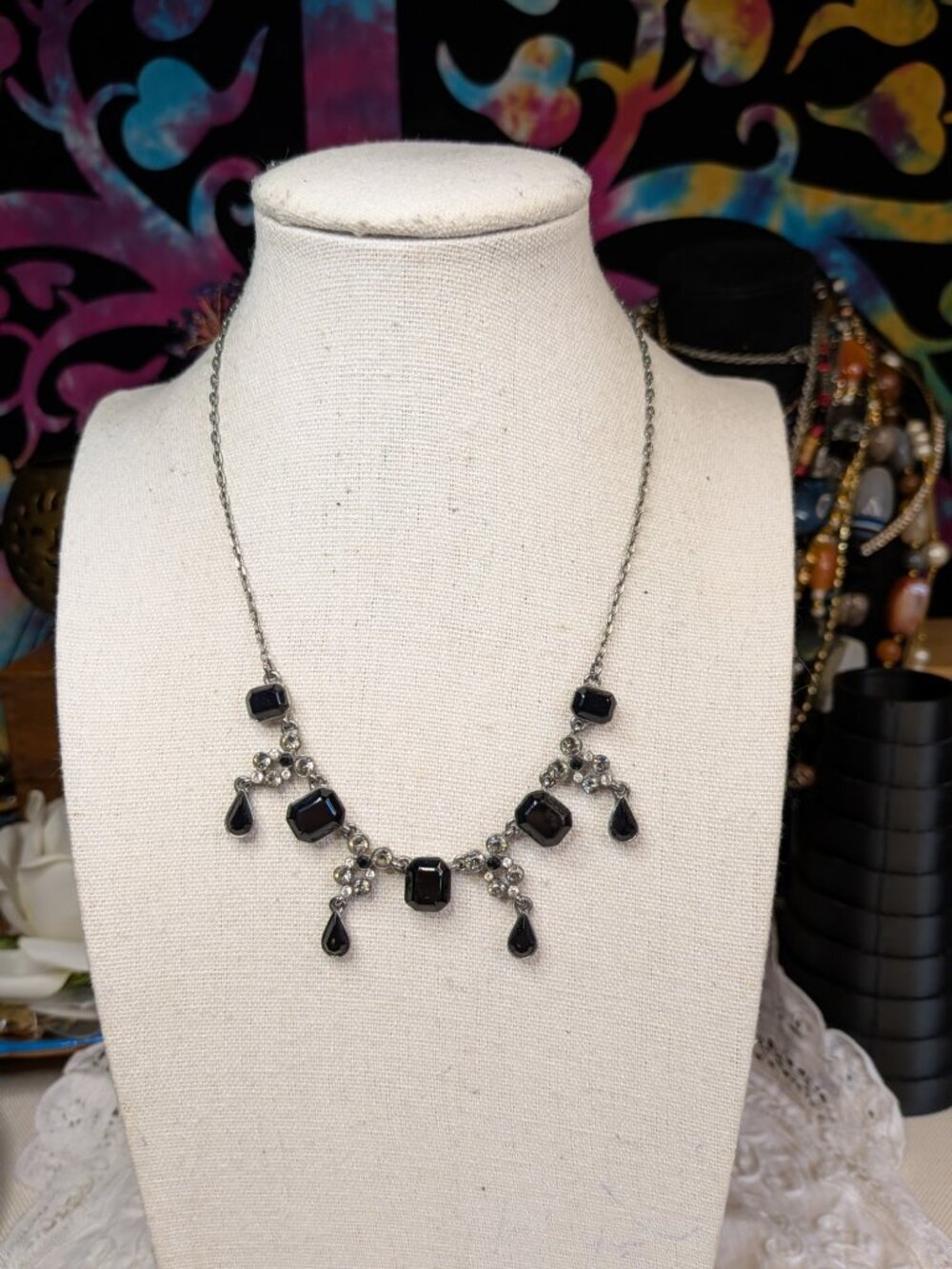 Vintage Givenchy Black Glass & Rhinestone Necklace – Gunmetal Finish